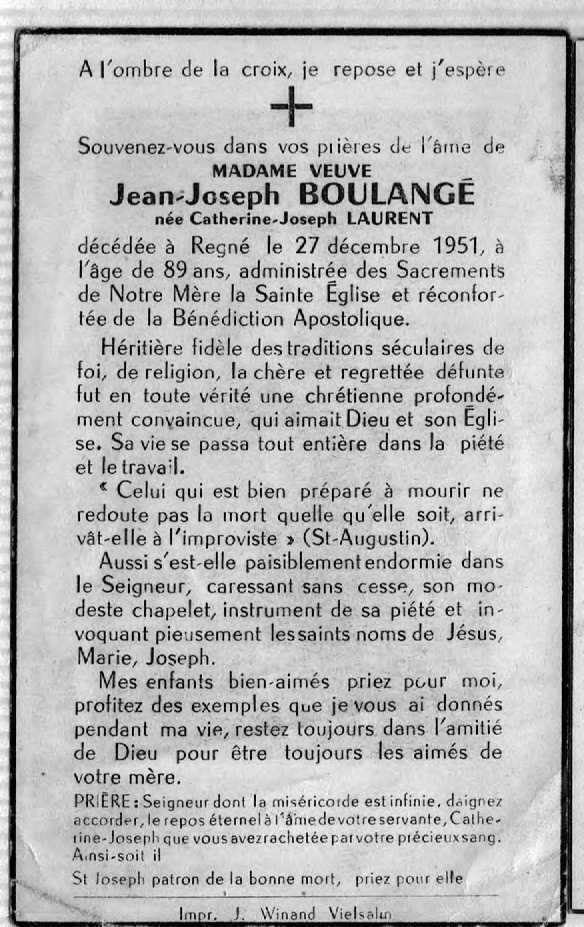 Avis de décès — Catherine Joséphine Laurent, épouse Boulangé