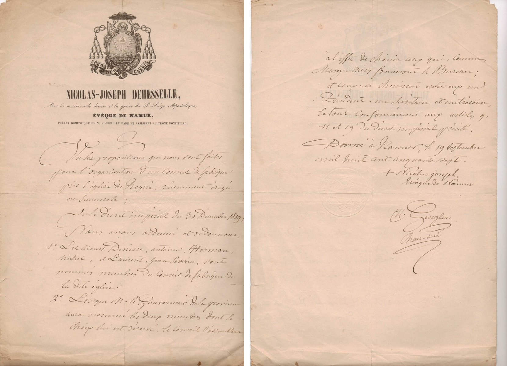 Nomination du 1er Conseil de Fabrique de Regné en 1857