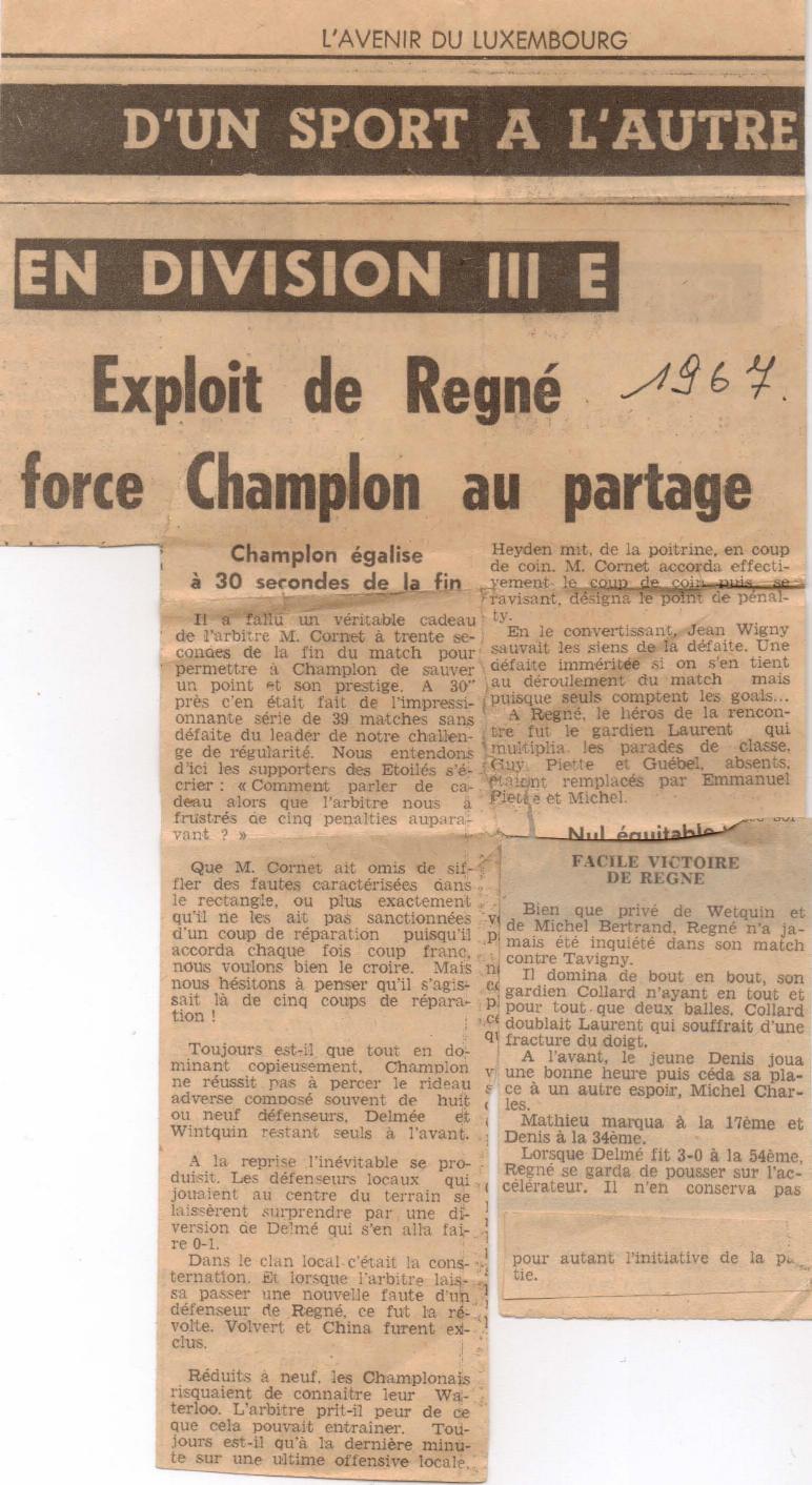 Exploit de Regné force Champlon au partage — L'Avenir du Luxembourg, 1967