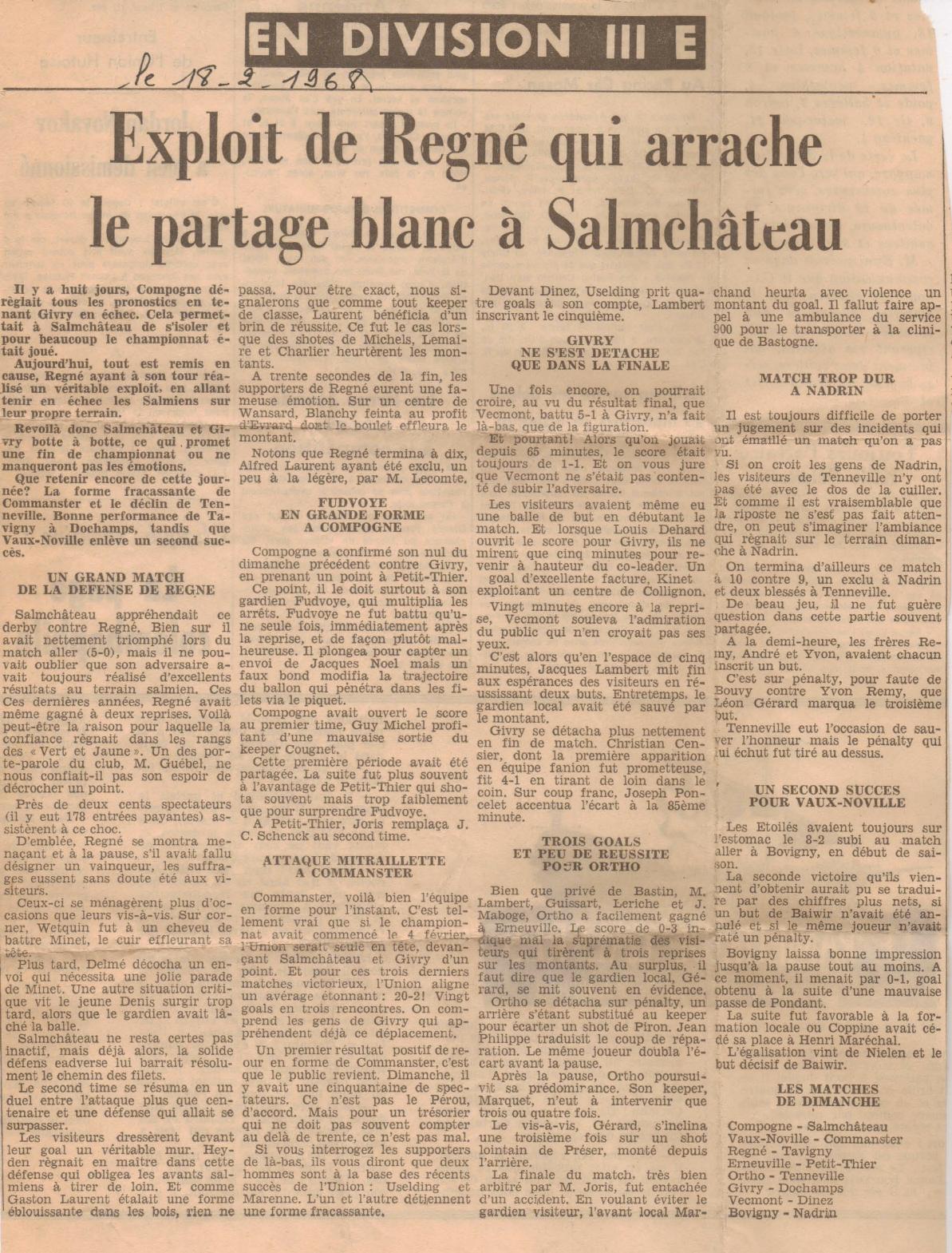 Exploit de Regné qui arrache le partage blanc à Salmchâteau — L'Avenir du Luxembourg, 18 février 1968